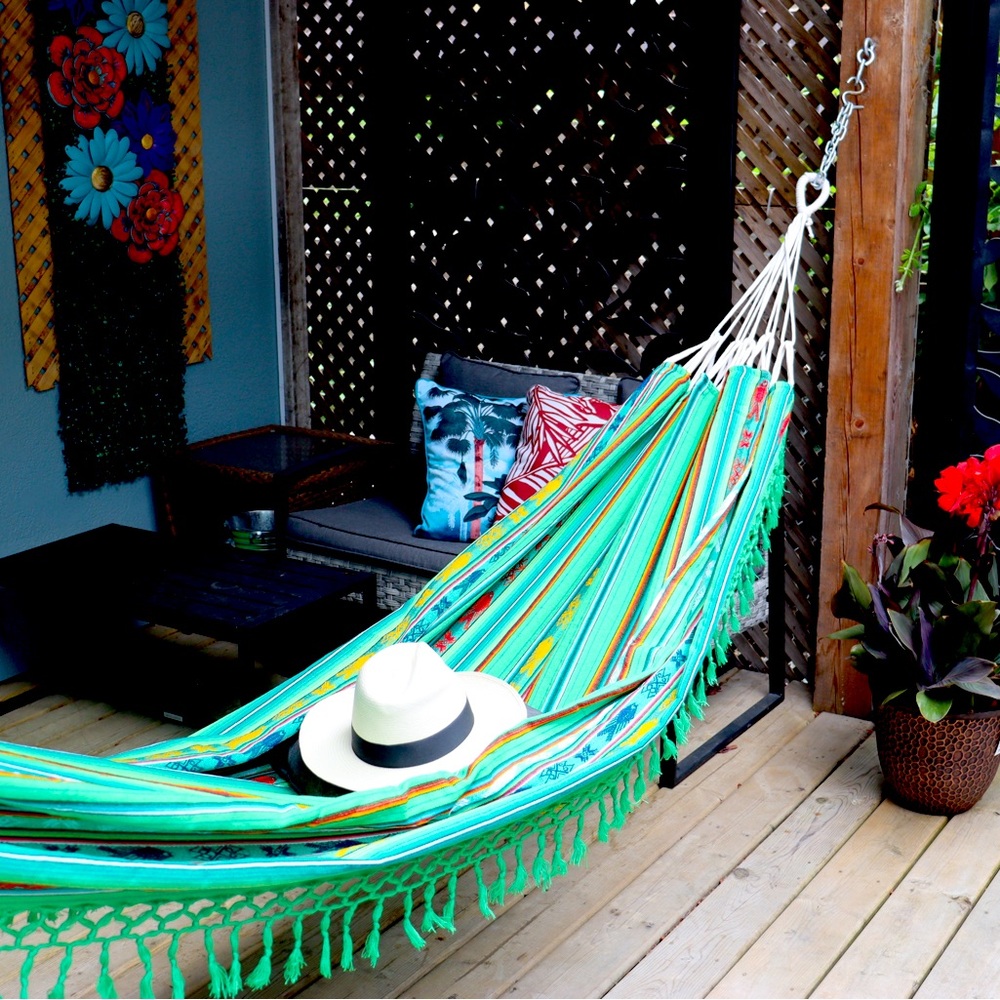 Handmade Ecuadorian Boho Style Cool Green Hammock with Fringe